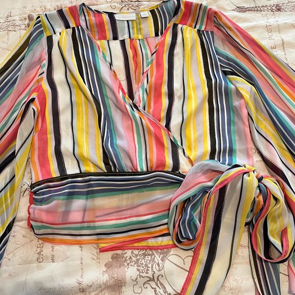 🔥SALE🔥 NEW YORK & CO COLORFUL STRIPE TIE WRAP BLOUSE TOP SIZE M - Picture 6 of 12